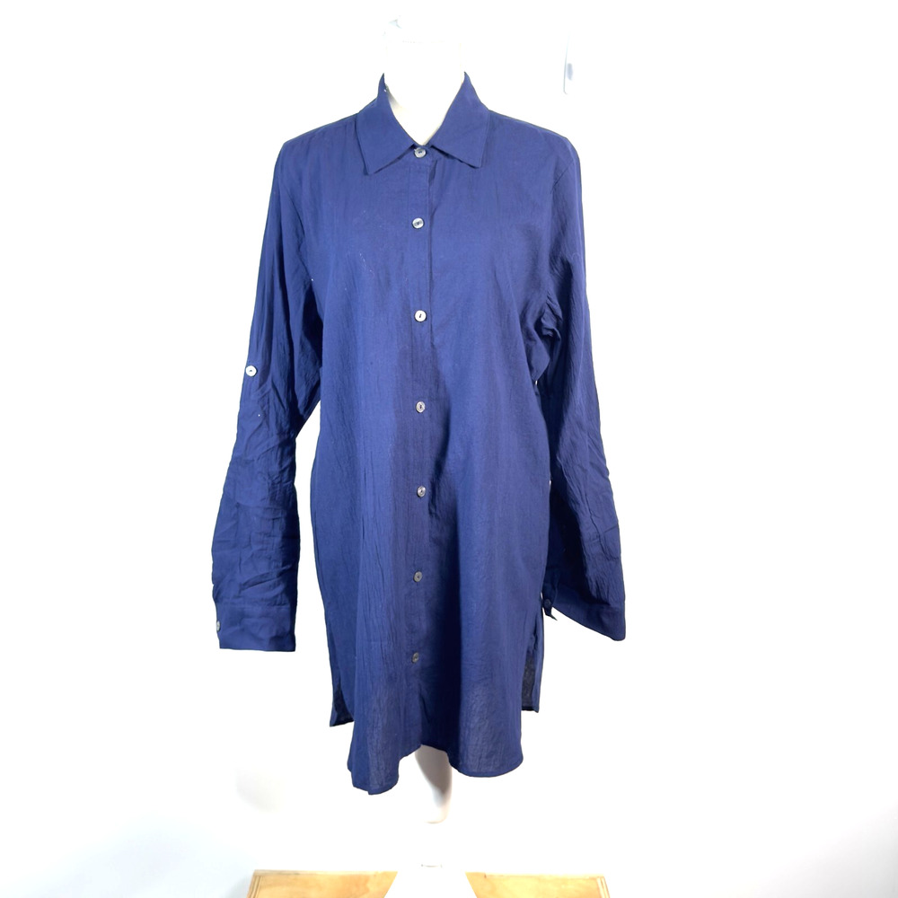 NWT Tommy Bahama Womens XL Blue Crinkle Cotton Boyfriend Shirt Tunic Roll Tab - Picture 2 of 9